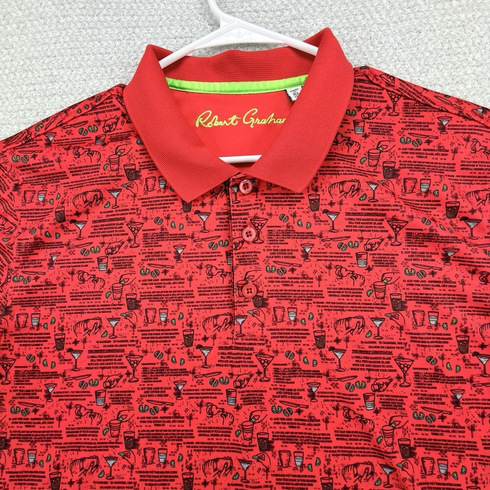 Robert Graham Golf Polo Shirt Mens XL Red Drinks Bar Cocktails AOP Performance